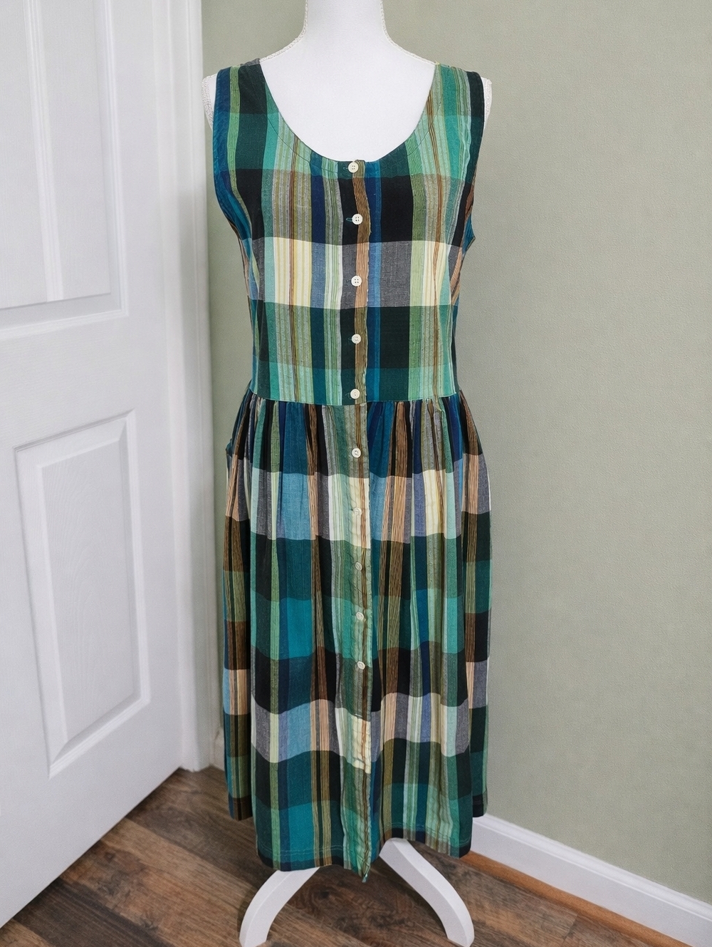 Vintage 90s Erika Plaid Cotton Midi Dress Lagenlook Bubble Hem Pockets Tie Back